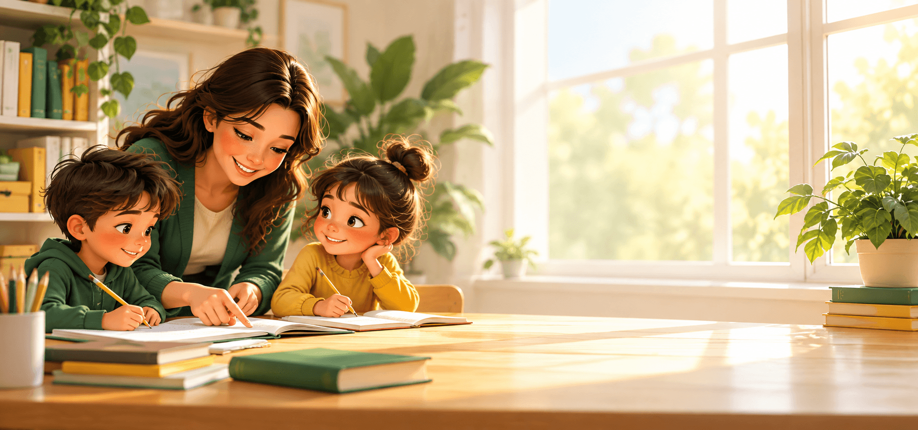 Giáo viên dịu dàng hướng dẫn hai học sinh tiểu học trong lớp học đầy nắng